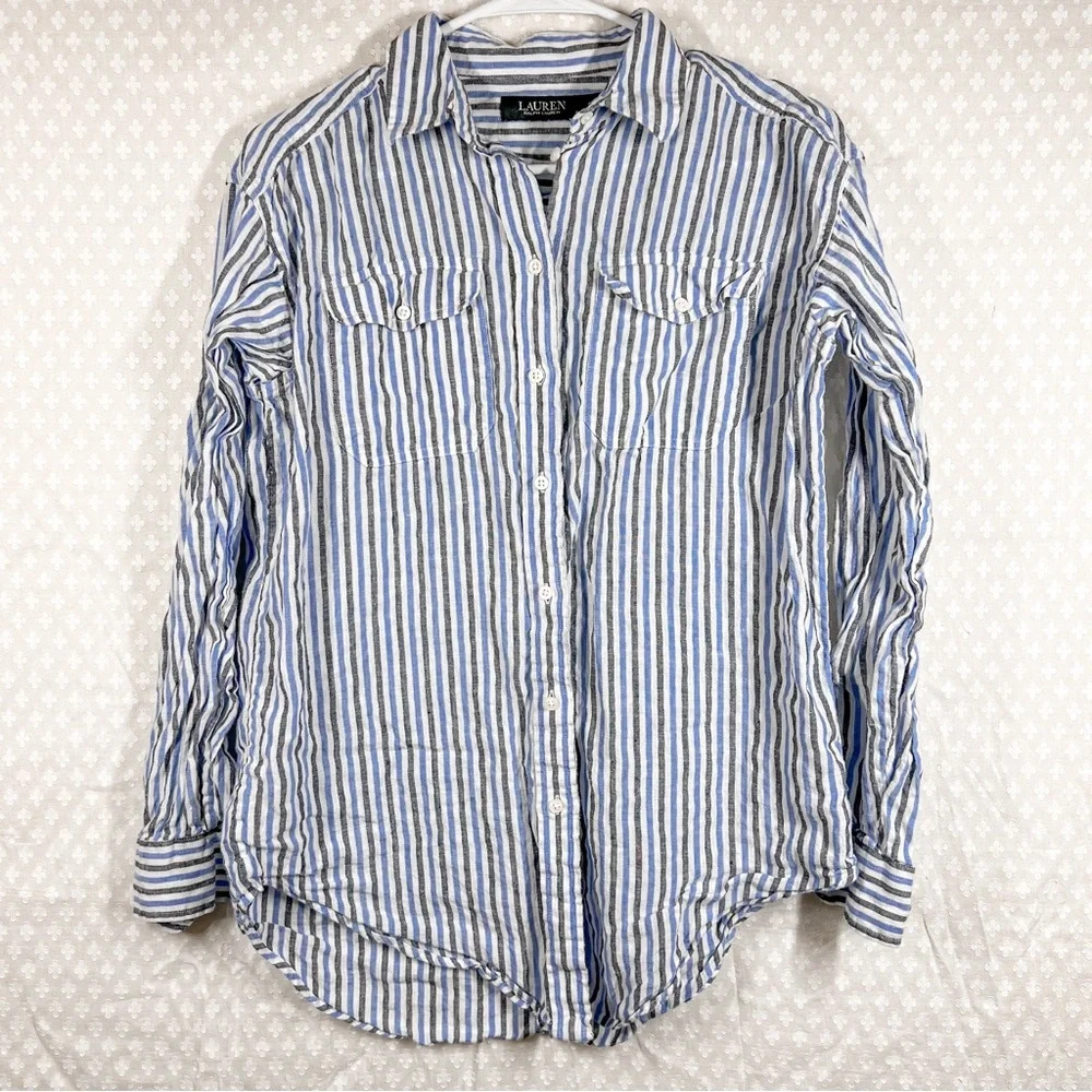 Ralph Lauren‎ Black Label Women Top Sz S Blue White Striped Linen Button Up